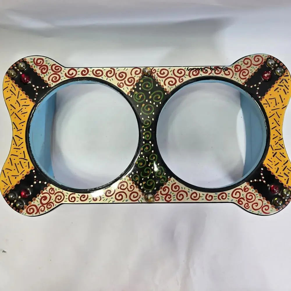 Hand-Painted Bone Shape Dog Feeder Stand Colorful Dual Bowl Holder Decor